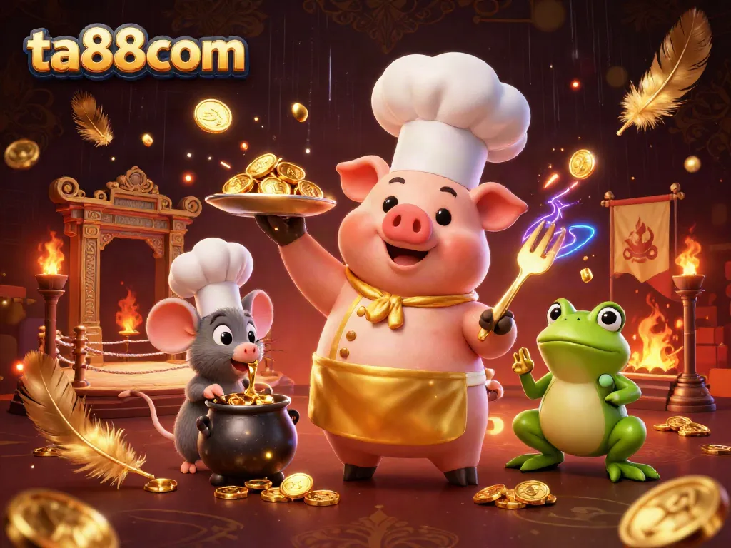 Experience the excitement of ta88com with a vibrant 3D casino scene featuring whimsical characters and gold coins.