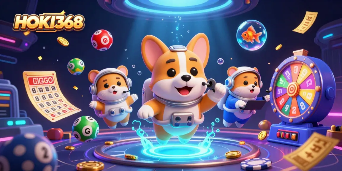 Engage with HOKI368's dynamic space casino scene featuring an astronaut corgi and lottery elements.