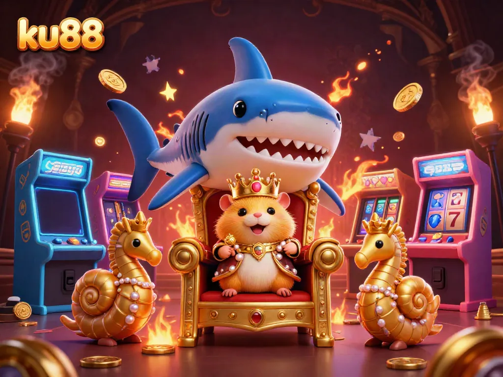 ku88 showcases a golden hamster king in a casino setting with vibrant game elements for powerful gaming excitement.
