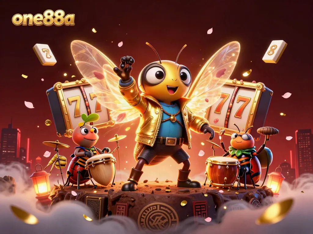 Experience the thrill of one88a with dynamic cartoon characters celebrating online gaming amidst vibrant casino elements.