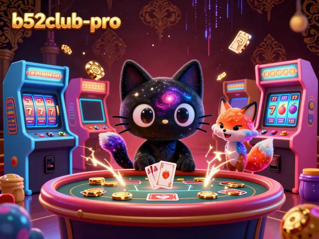 Engage with the magical b52club-pro casino world featuring cosmic characters pulling in golden chips.
