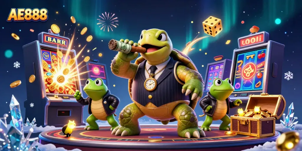 Experience AE888's vibrant casino atmosphere with a snapping turtle and bullfrogs in a dynamic 3D scene.