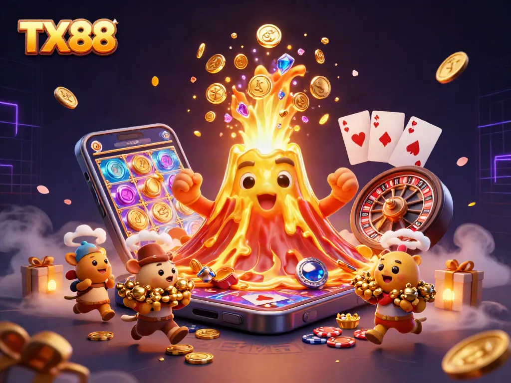 Experience big wins at TX88 with a thrilling eruption of treasures and games in this vibrant illustration.