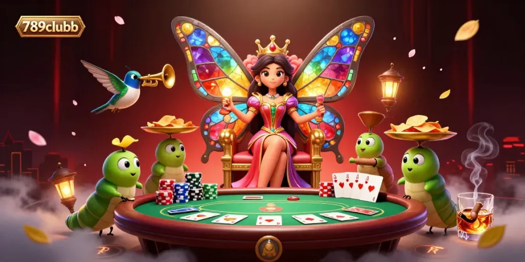 Engage with 789clubb's vibrant gaming scene featuring a butterfly queen and poker elements.