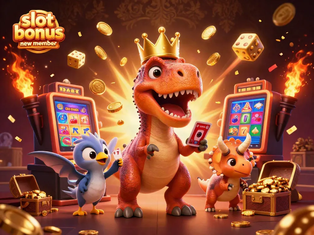 Experience winning with the slot bonus new member illustration showcasing playful casino characters.