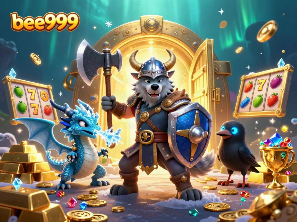 Experience thrilling adventures with bee999, featuring a Viking wolf warrior and treasure elements in a vibrant casino scene.