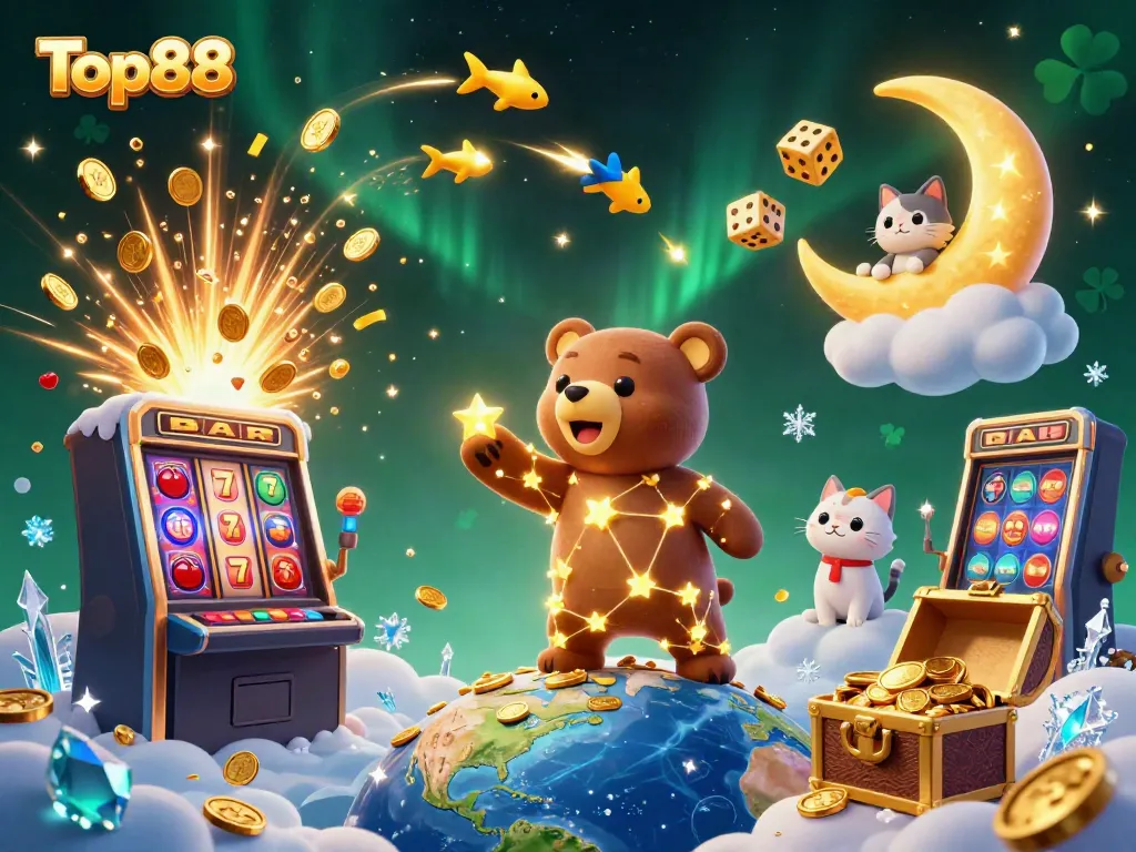 Experience Top88 excitement with a vibrant 3D scene of a constellation bear, coins, and slot machine action.