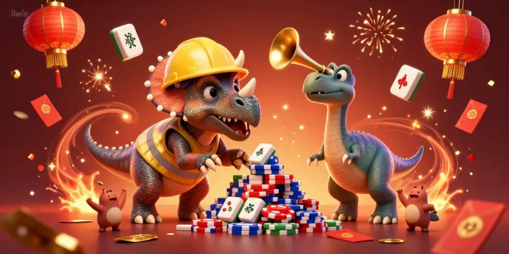 Experience llwin as a triceratops builds chips in a festive 3D casino setting.
