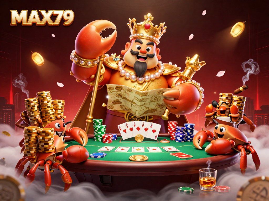 Experience the excitement of MAX79 with a vibrant 3D illustration of a golden crab emperor and poker elements.