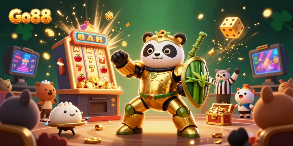 Experience the thrill of Go88 gaming with a cartoonish mecha panda battling in a vibrant casino arena.