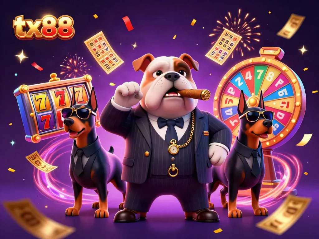 Experience thrilling wins with tx88 as a cartoon mafia bulldog leads the action in a vibrant casino illustration.