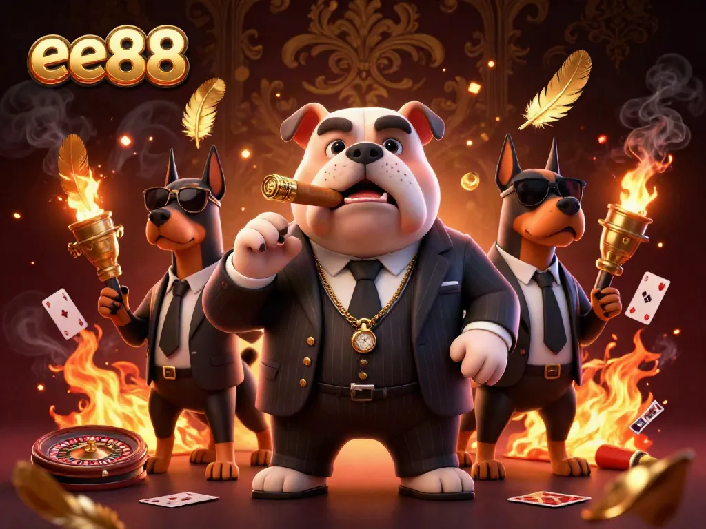 Experience thrilling gambling moments at ee88 with a cartoon dog mafia boss and his bodyguards, surrounded by vibrant casino elements.