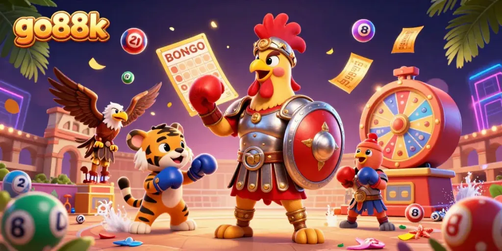 Experience thrilling moments with go88k in this vibrant 3D illustration featuring a gladiator rooster and dynamic game elements.