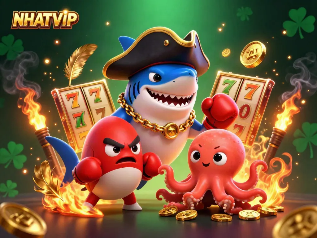 Play and win with NHATVIP in an energetic pirate-themed casino illustration featuring vibrant game elements
