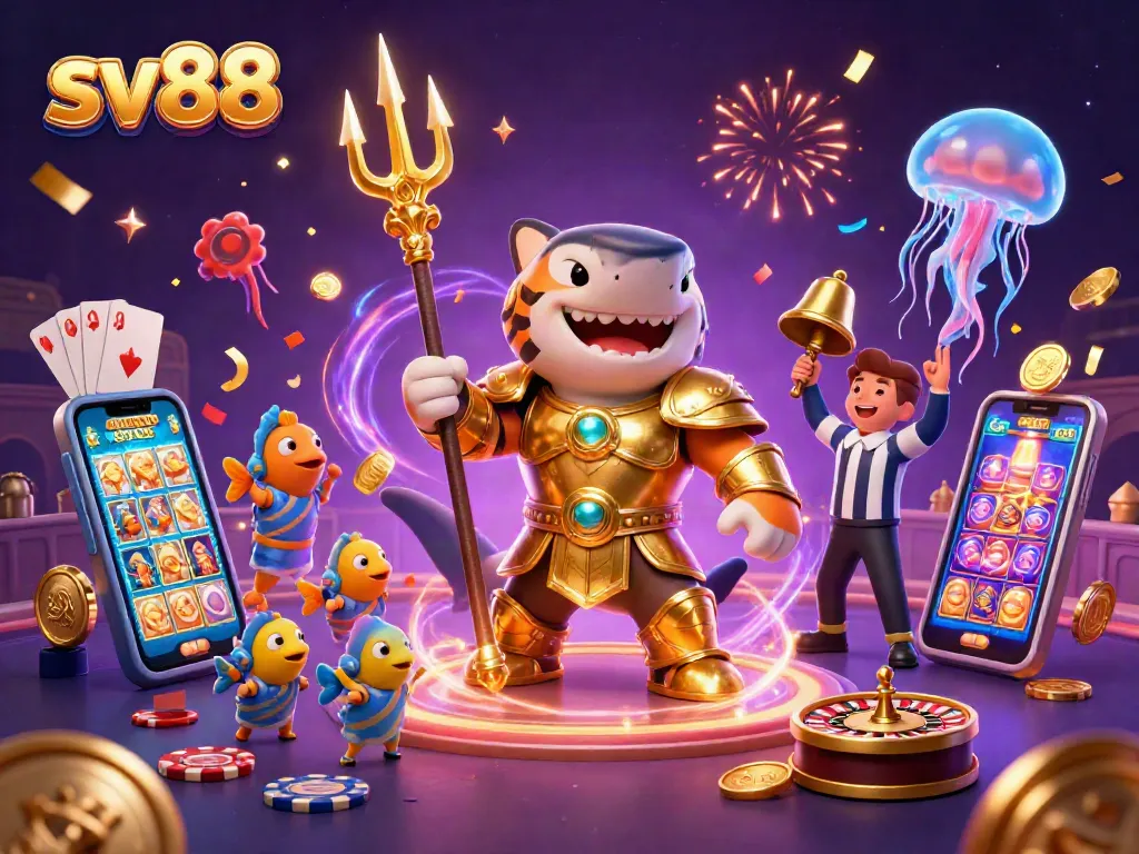 Experience the thrill of sv88 with an underwater casino scene featuring a golden shark and slot games.