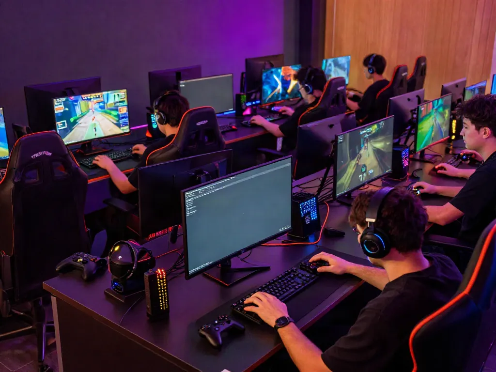 Kilat404 gaming scene showcasing diverse players in a vibrant tournament setting with immersive displays.