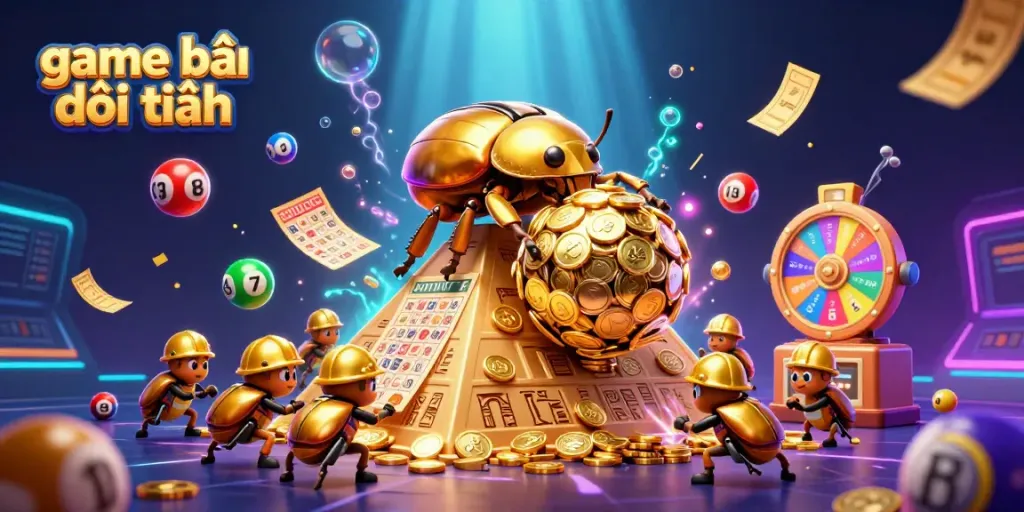 Experience game bài đổi thưởng with vibrant lottery elements and golden coins rolling through a pyramid scene.