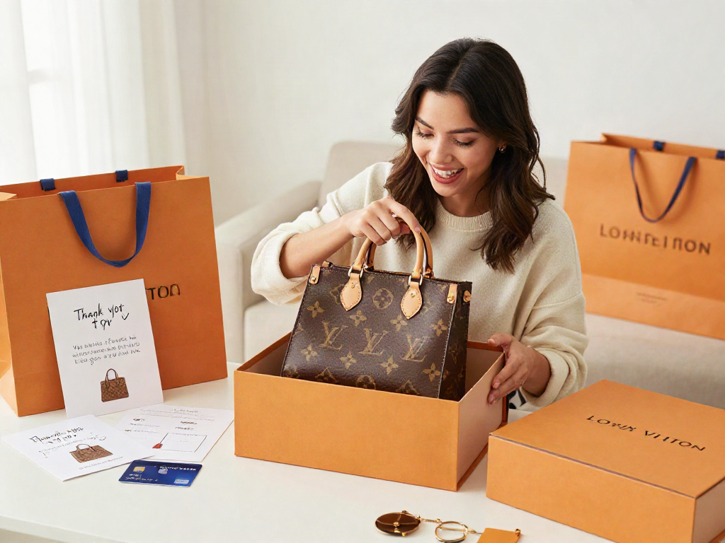 Excited customer unboxing a Prime reps luxury handbag, showcasing online shopping experience.