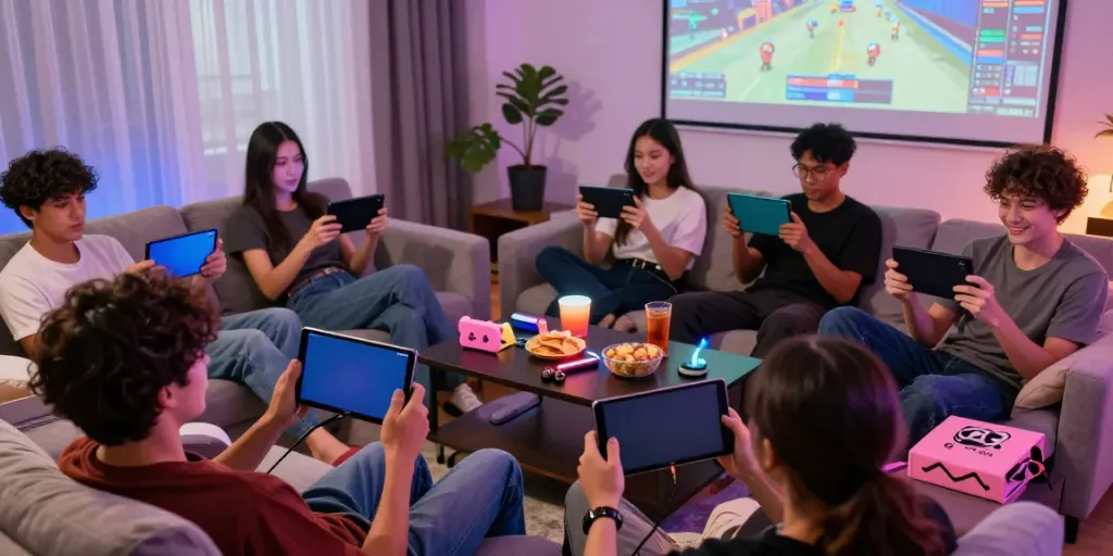 Social gaming experience with friends enjoying Seributoto daftar on smartphones in vibrant room.