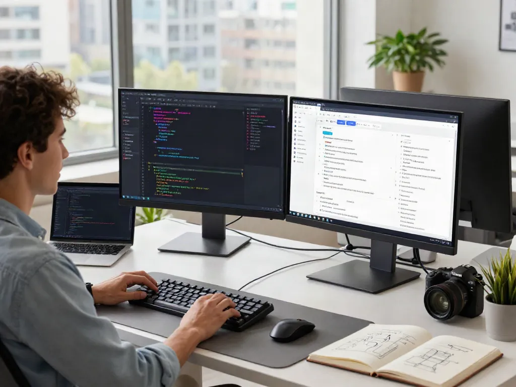 Developer working with LLM API provider in a modern workspace with dual monitors and natural light.