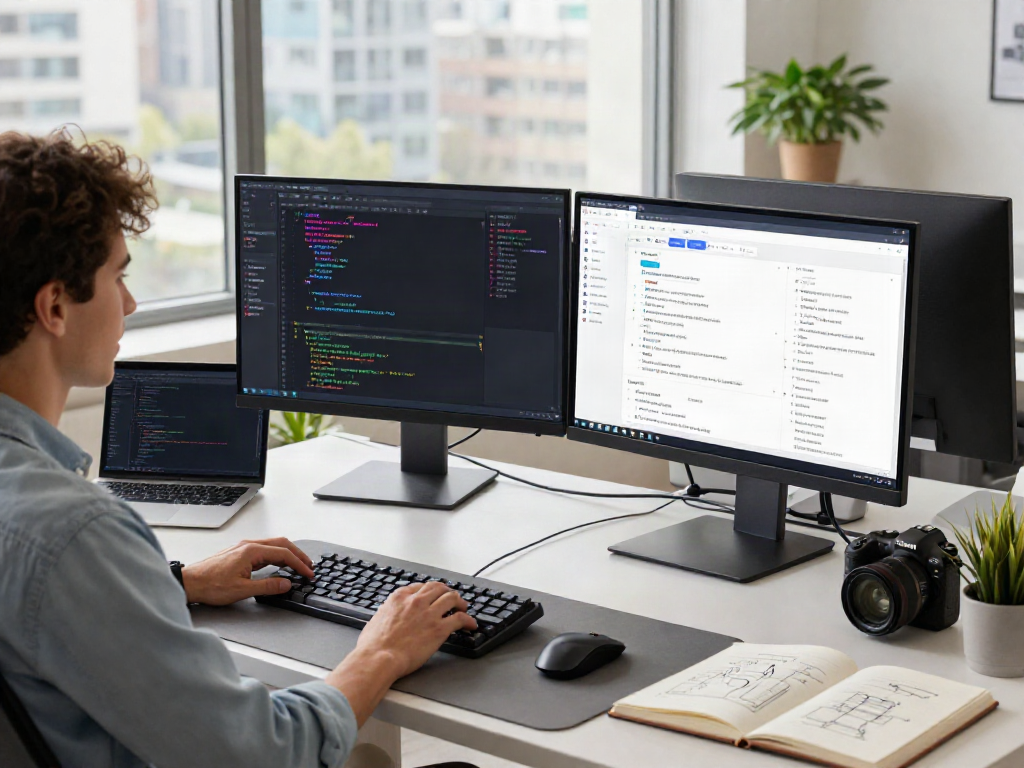 Developer working with LLM API provider in a modern workspace with dual monitors and natural light.
