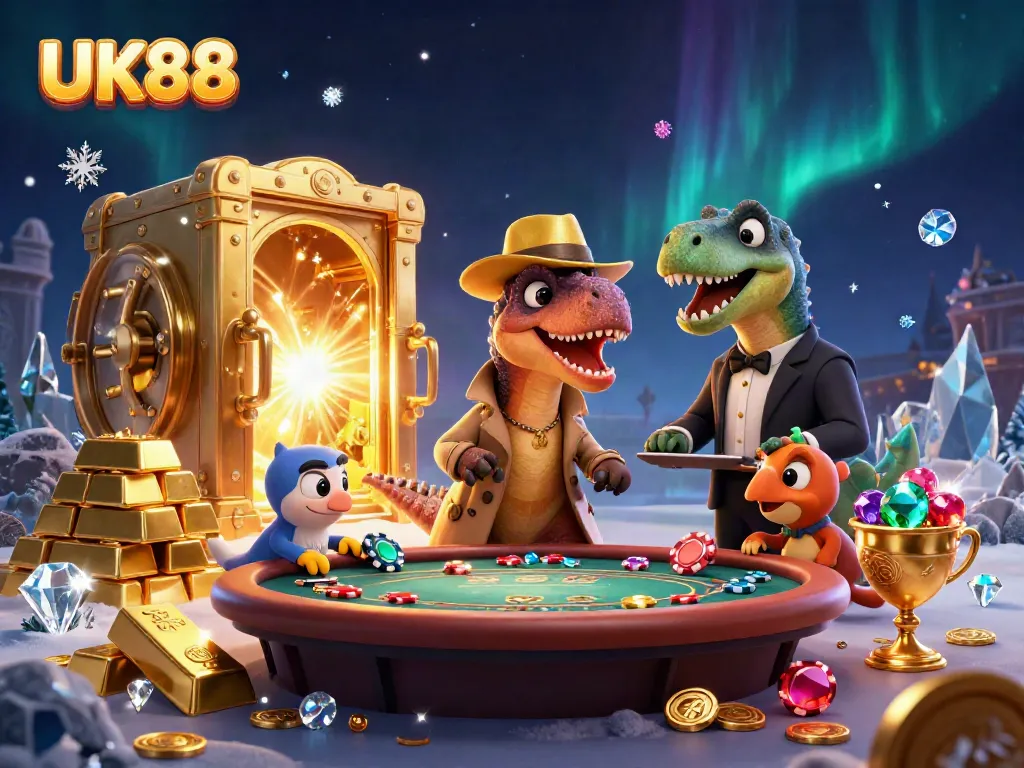 Experience excitement at UK88 with a clever velociraptor card counter at a blackjack table amidst a treasure-filled casino scene.
