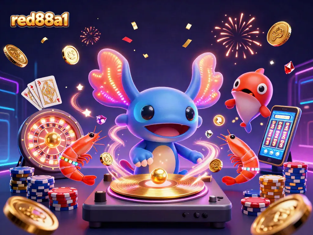 Experience the excitement of playing red88a1 slots with vibrant axolotl DJ illustration, coins, and games.