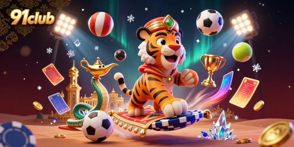 Experience thrilling gameplay with 91club’s vibrant cartoon illustration showcasing a tiger sultan amidst sports betting elements.