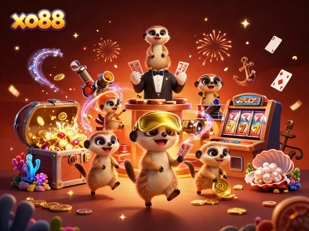 Experience thrilling gameplay at xo88 with meerkats in a lively casino setting, surrounded by games and treasures.