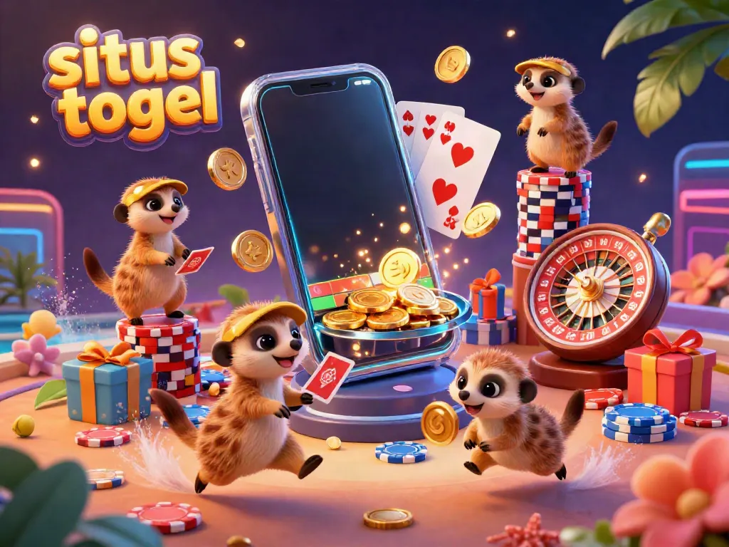 Situs togel character scene featuring meerkats managing a colorful gambling operation with vibrant decorations.