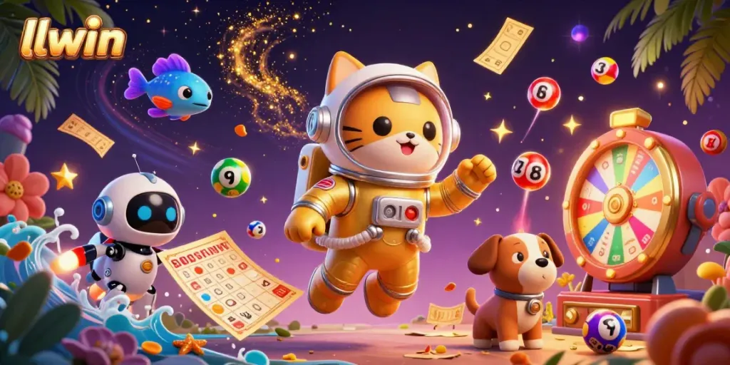 Experience the thrill of gaming with llwin as cheerful characters float amid vibrant casino elements.