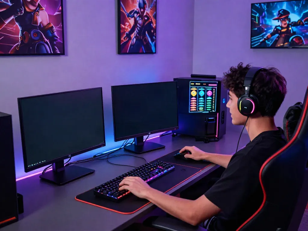 Dynamic gaming setup featuring situs gacor on multiple screens, showcasing vibrant colors and exciting gameplay.