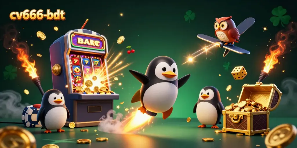 Engage with cv666-bdt featuring a golden penguin and dynamic casino elements in a vibrant illustration.