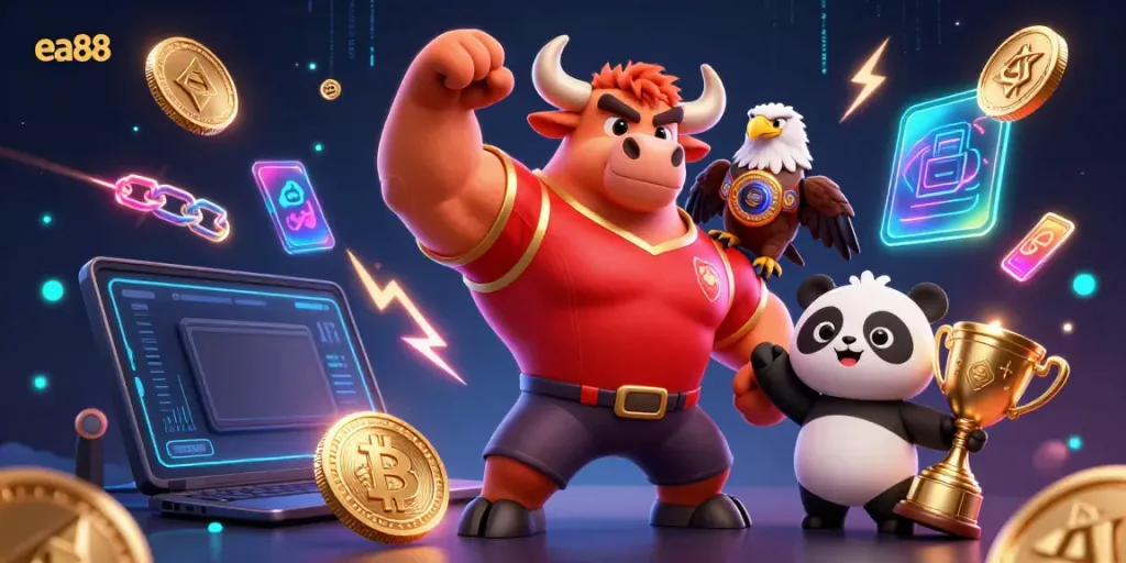 Engage with the ea88 casino excitement featuring a victorious bull mascot, eagle, and trophy.