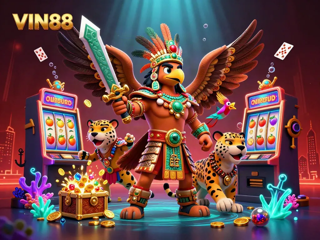 Experience VIN88’s lively atmosphere with 3D characters in an energetic casino scene full of treasures and excitement.