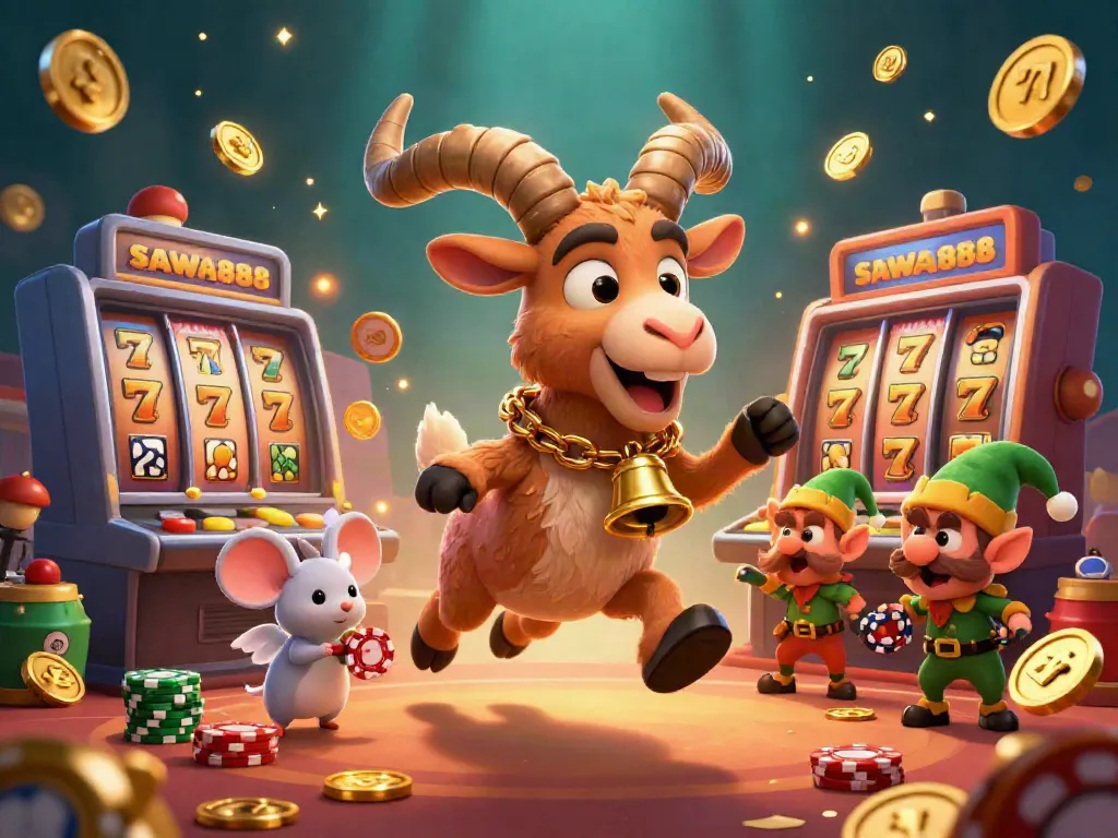 Experience the thrilling atmosphere at SAWA888 with festive characters in a dynamic casino scene.