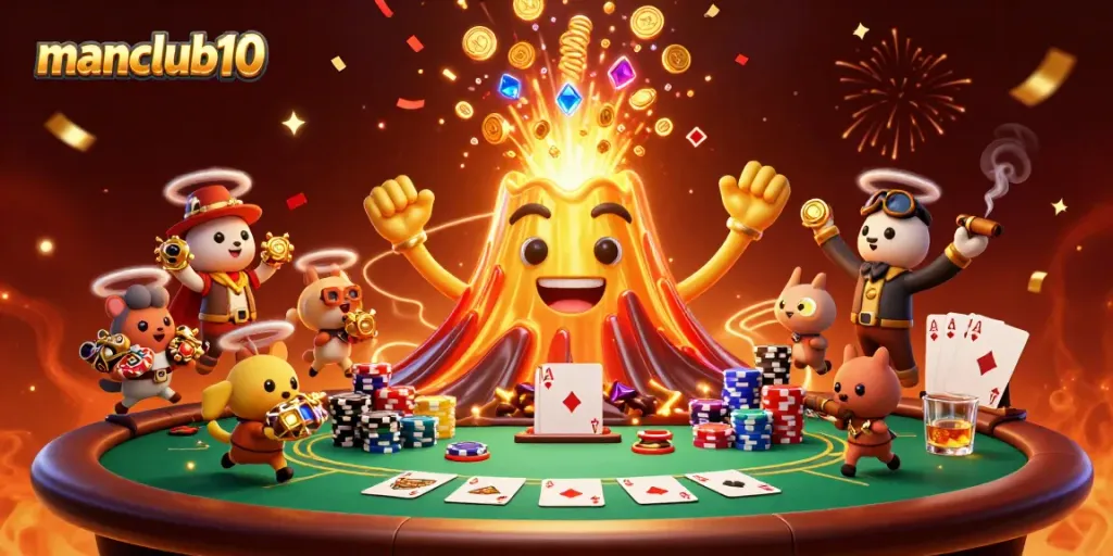 Experience the exciting treasure eruption at manclub10 with animated golden volcano and poker elements.