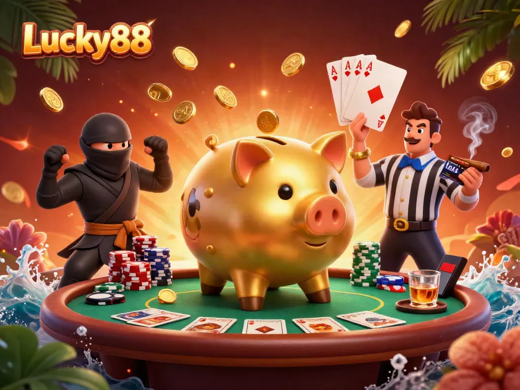 Engage with Lucky88 at a vibrant casino scene with a golden bank sumo wrestler and dynamic characters.