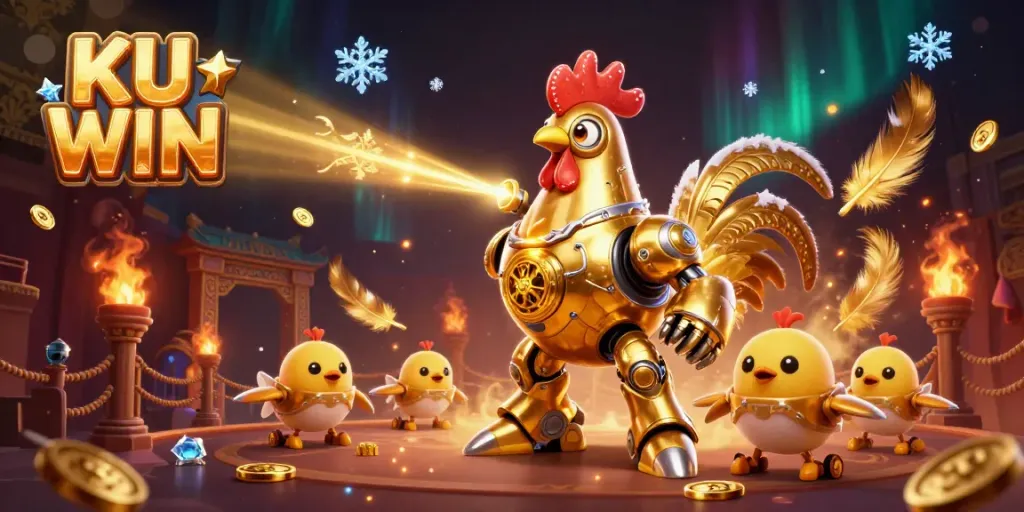 Experience thrilling action with KU WIN, featuring a futuristic golden rooster robot in an energetic gaming arena.