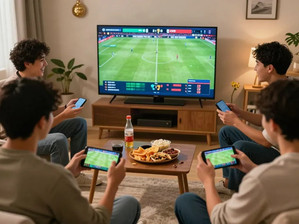 Friends enjoying mobile gaming and sports betting with mantul88 in a cozy living room
