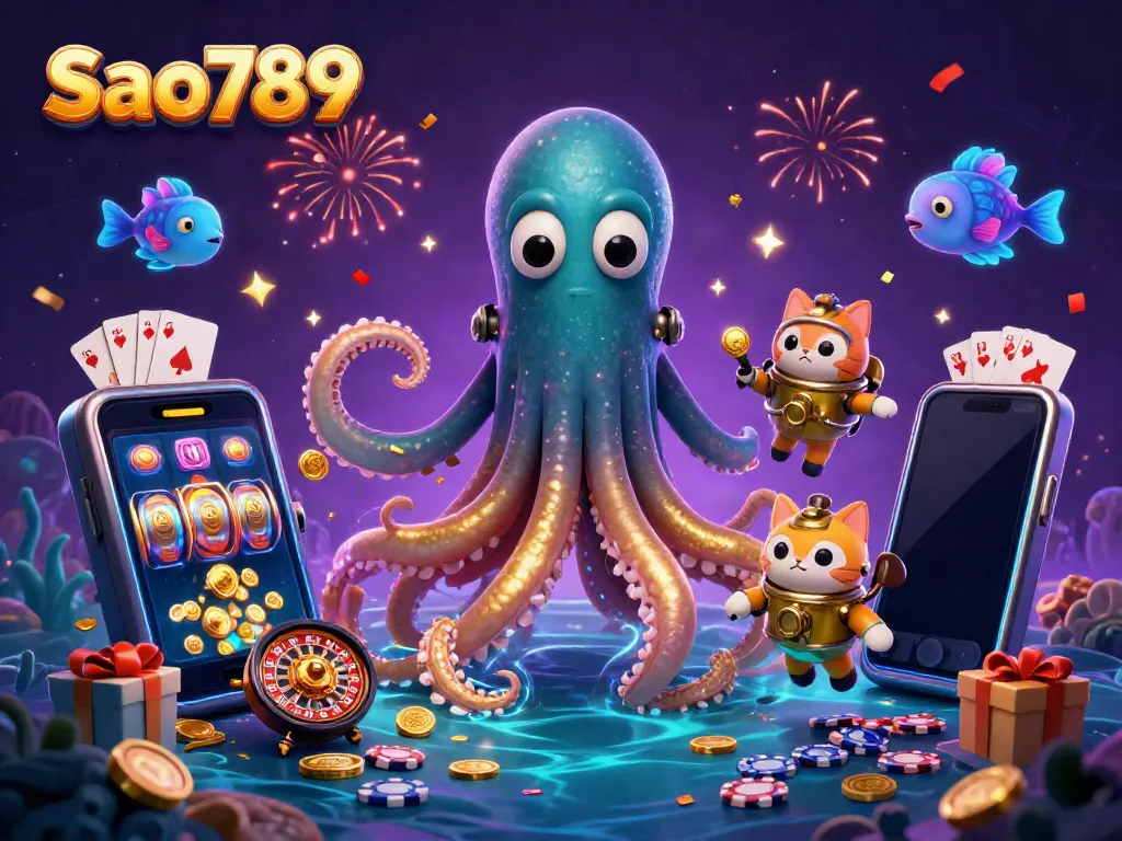 Spin and win with Sao789, featuring a kraken and a diving cat amidst casino excitement.