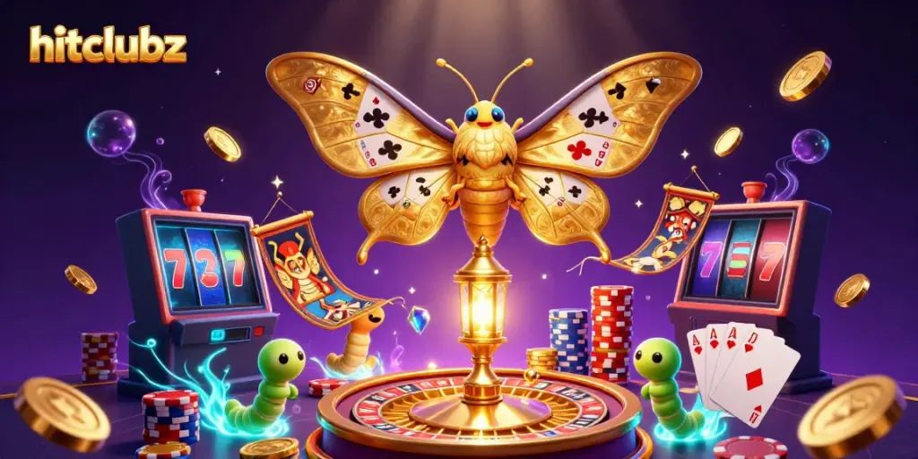 Experience hitclubz with a vibrant 3D casino scene featuring golden coins, cards, and a majestic moth.