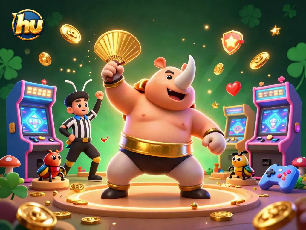 Experience thrilling games as the hu sumo beetle stomps, sending coins flying in this vibrant casino scene.