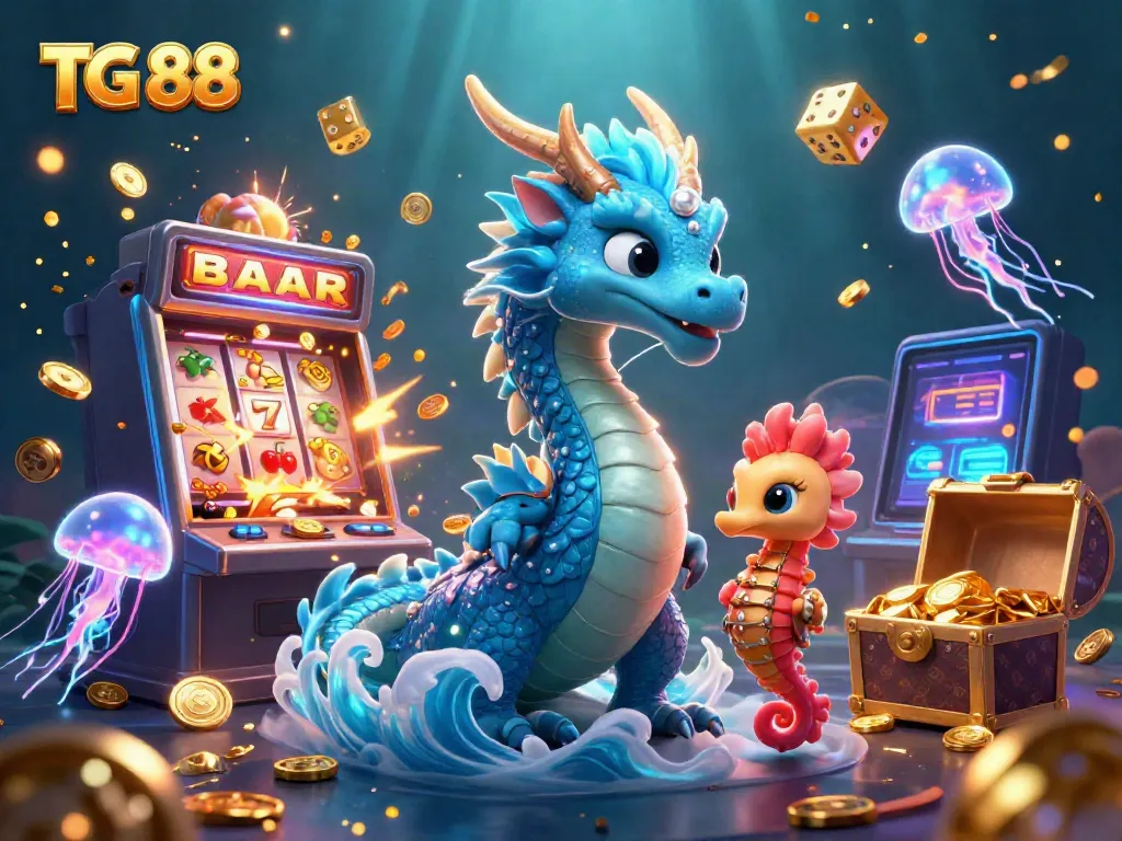 Engage with TG 88's immersive underwater casino world, showcasing vibrant dragons and jackpot excitement.