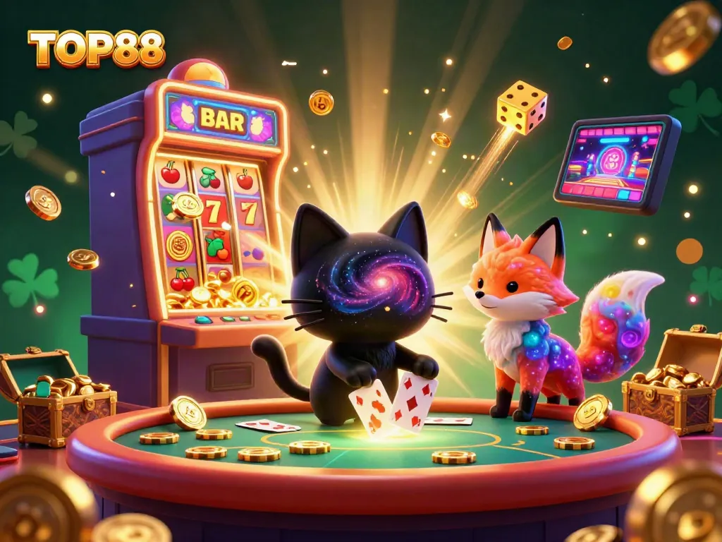Experience the excitement at TOP88 with a cosmic casino scene featuring a black hole cat and colorful fox.