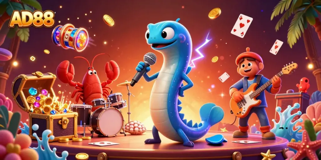Experience thrilling gaming action as AD88 comes to life with charismatic characters in an oceanic casino scene.