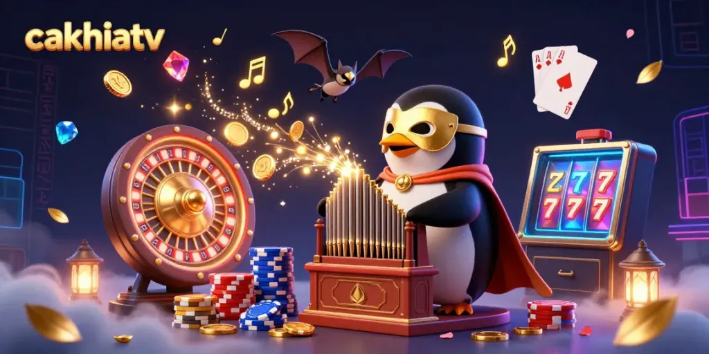 Cakhiatv penguin playing a golden organ in a festive casino scene with dynamic elements.