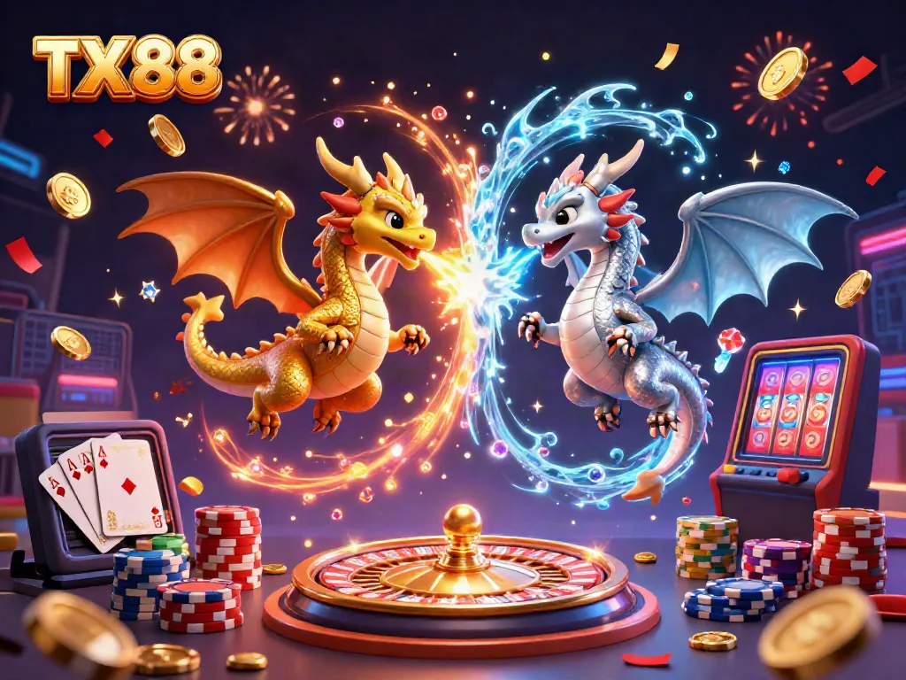 Experience thrilling gameplay with TX 88 as twin dragons battle in an epic casino scene filled with gold coins and poker chips.