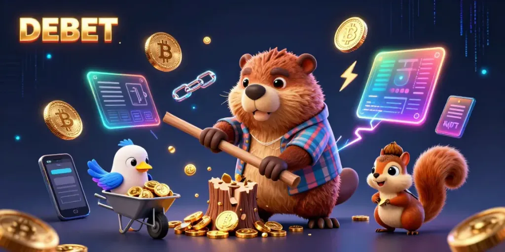 Engage with DEBET's thrilling casino experience as a beaver chases golden coins raining from a tree in this vibrant 3D illustration.