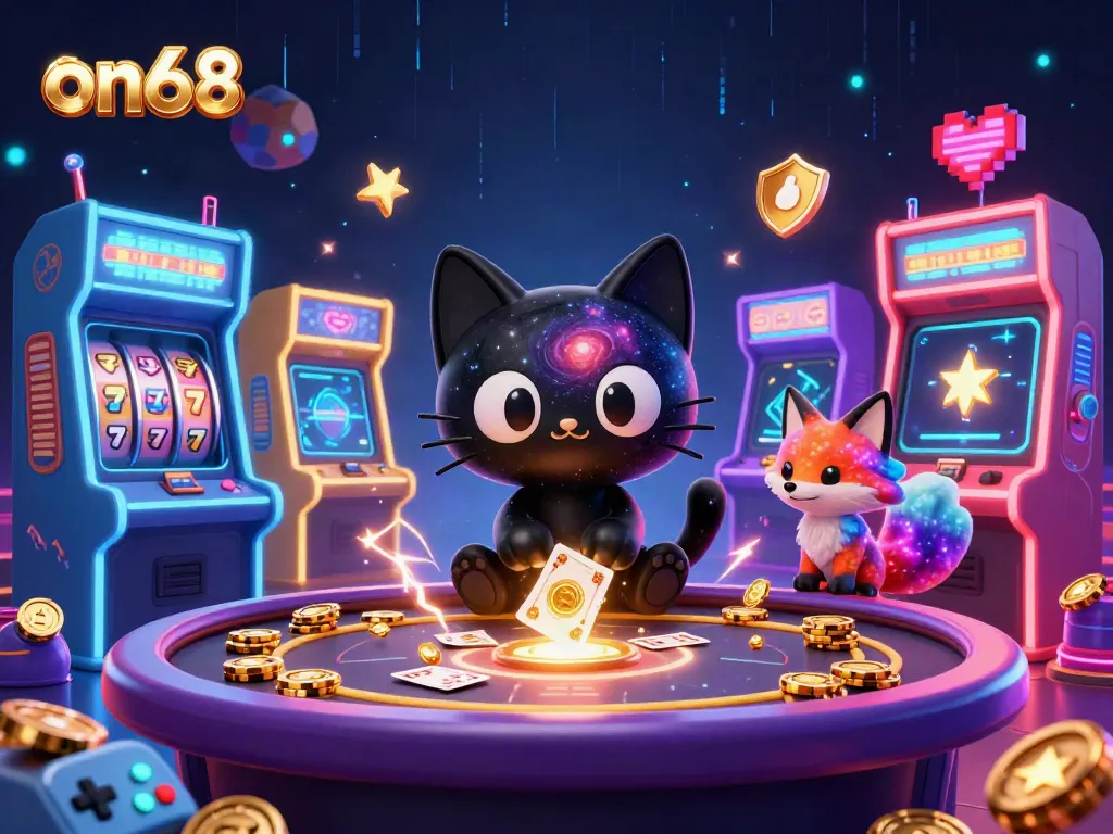 Experience the thrilling universe of on68 with a black hole cat and cosmic casino elements.